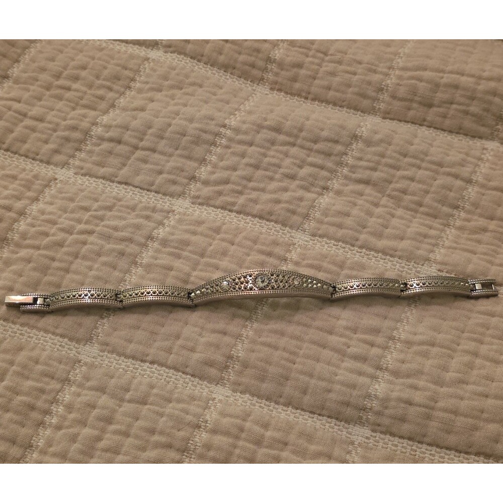 Vintage Silver Tone Rhinestone Bracelet Segmented Fold Over Clasp 7.5"
